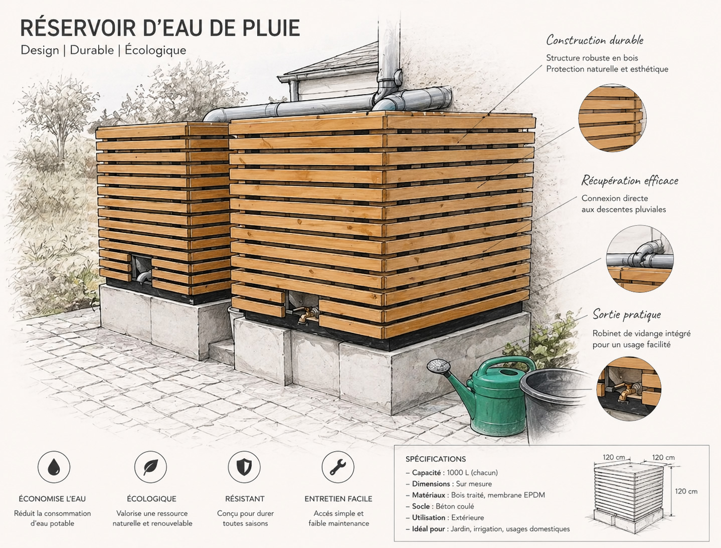 Illustration du réservoir d’eau de pluie Pluvier installé près d’une maison